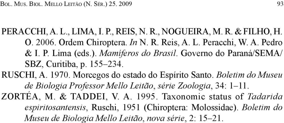 1970. Morcegos do estado do Espírito Santo. Boletim do Museu de Biologia Professor Mello Leitão, série Zoologia, 34: 1 11. ZORTÉA, M. & TADDEI, V. A.