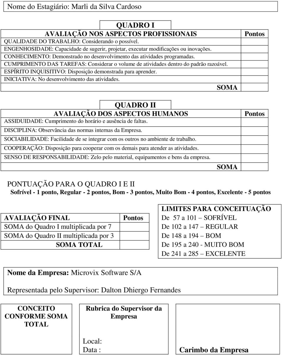 CUMPRIMENTO DAS TAREFAS: Considerar o volume de atividades dentro do padrão razoável. ESPÍRITO INQUISITIVO: Disposição demonstrada para aprender. INICIATIVA: No desenvolvimento das atividades.