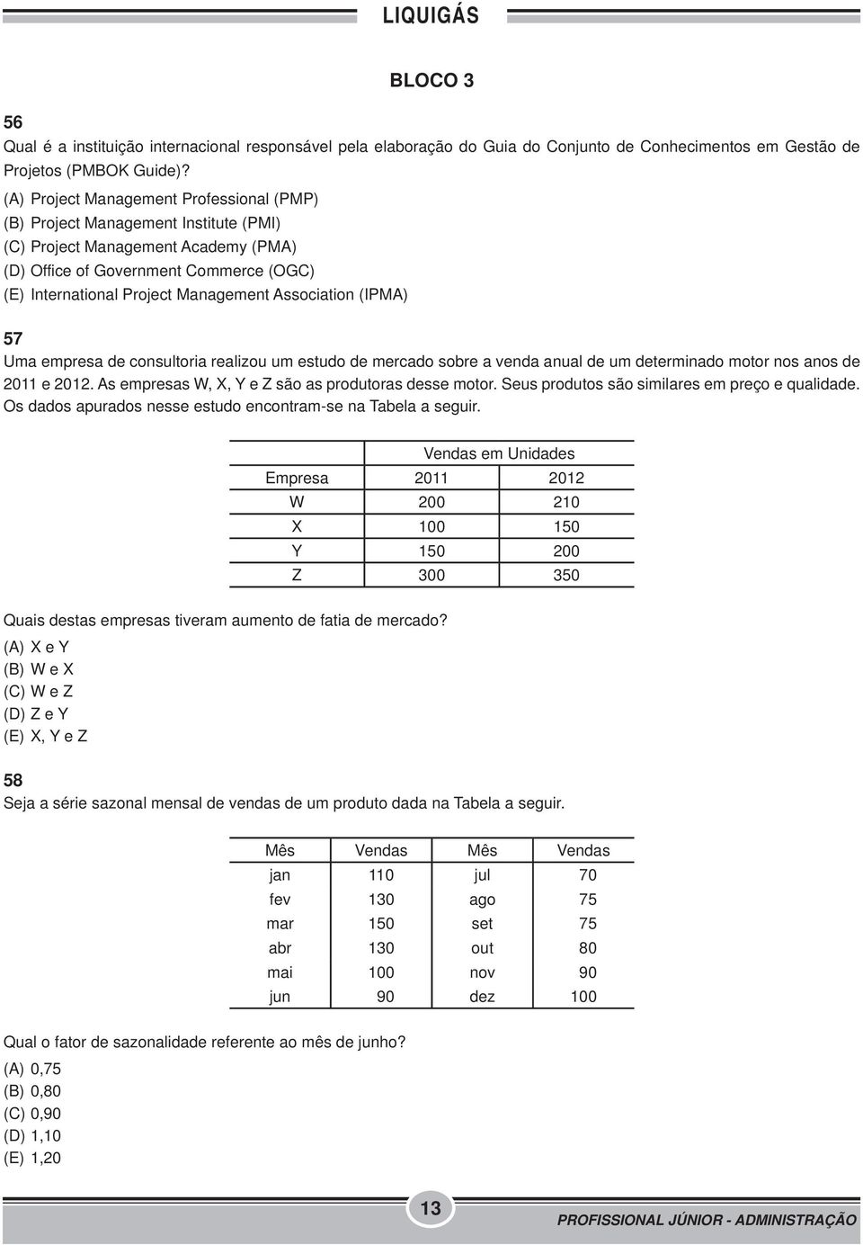 Association (IPMA) 57 Uma empresa de consultoria realizou um estudo de mercado sobre a venda anual de um determinado motor nos anos de 2011 e 2012.