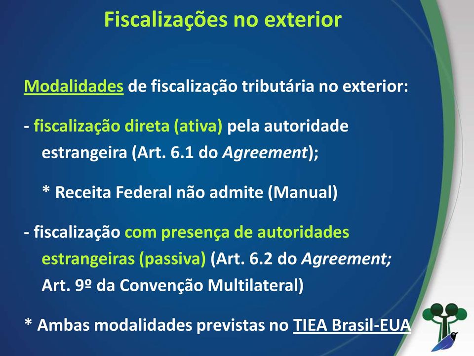 1 do Agreement); * Receita Federal não admite (Manual) - fiscalização com presença de