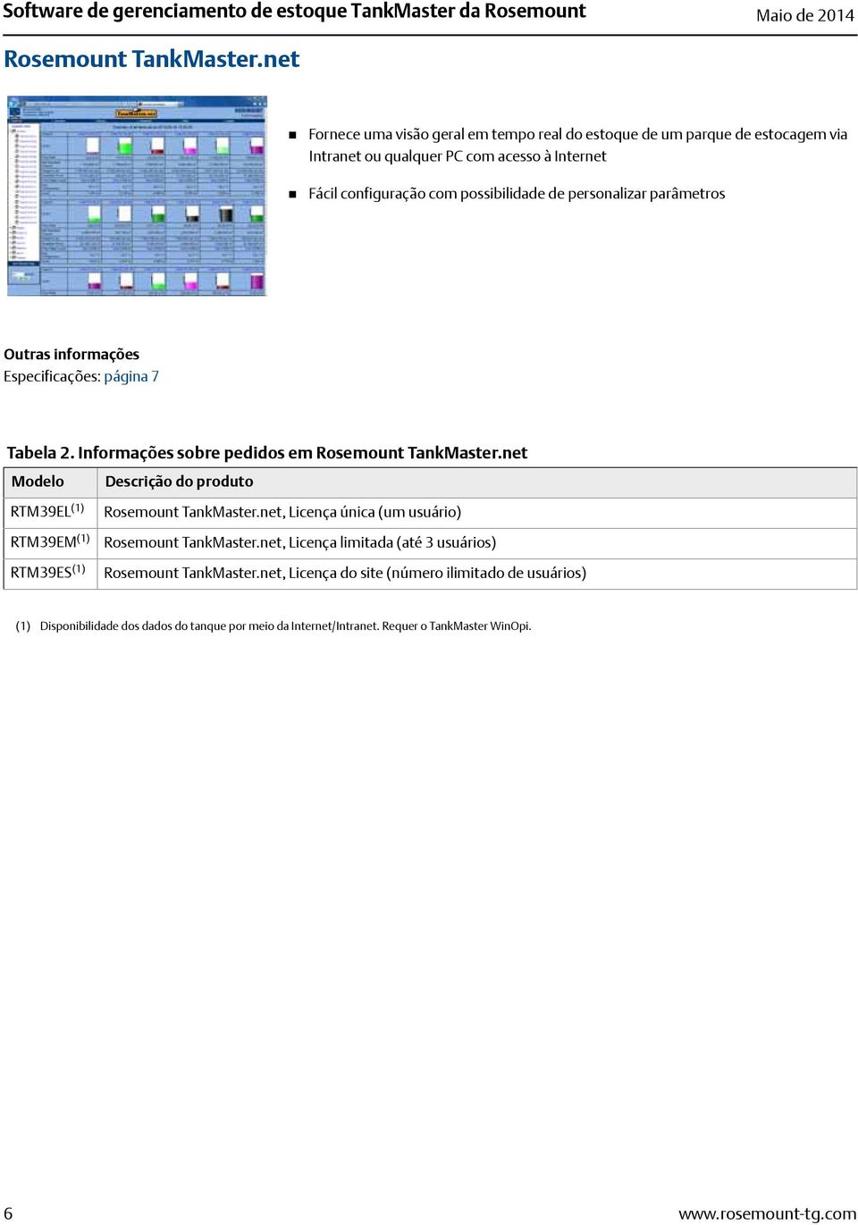 parâmetros Outras informações Especificações: página 7 Tabela 2. Informações sobre pedidos em Rosemount TankMaster.