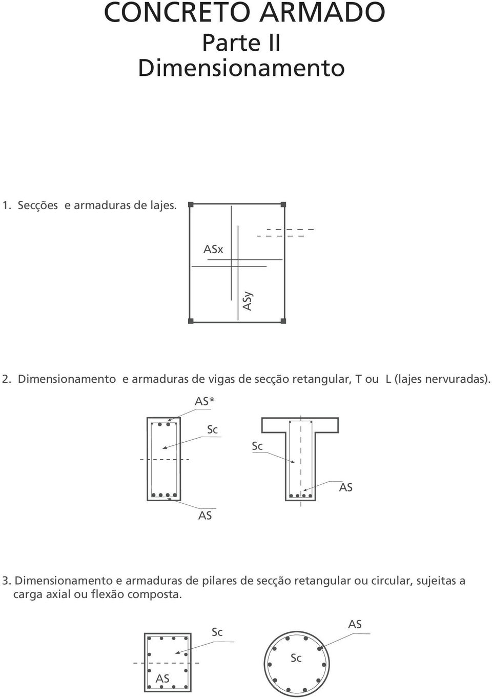 Dimensionamento e armaduras de vigas de secção retangular, T ou L