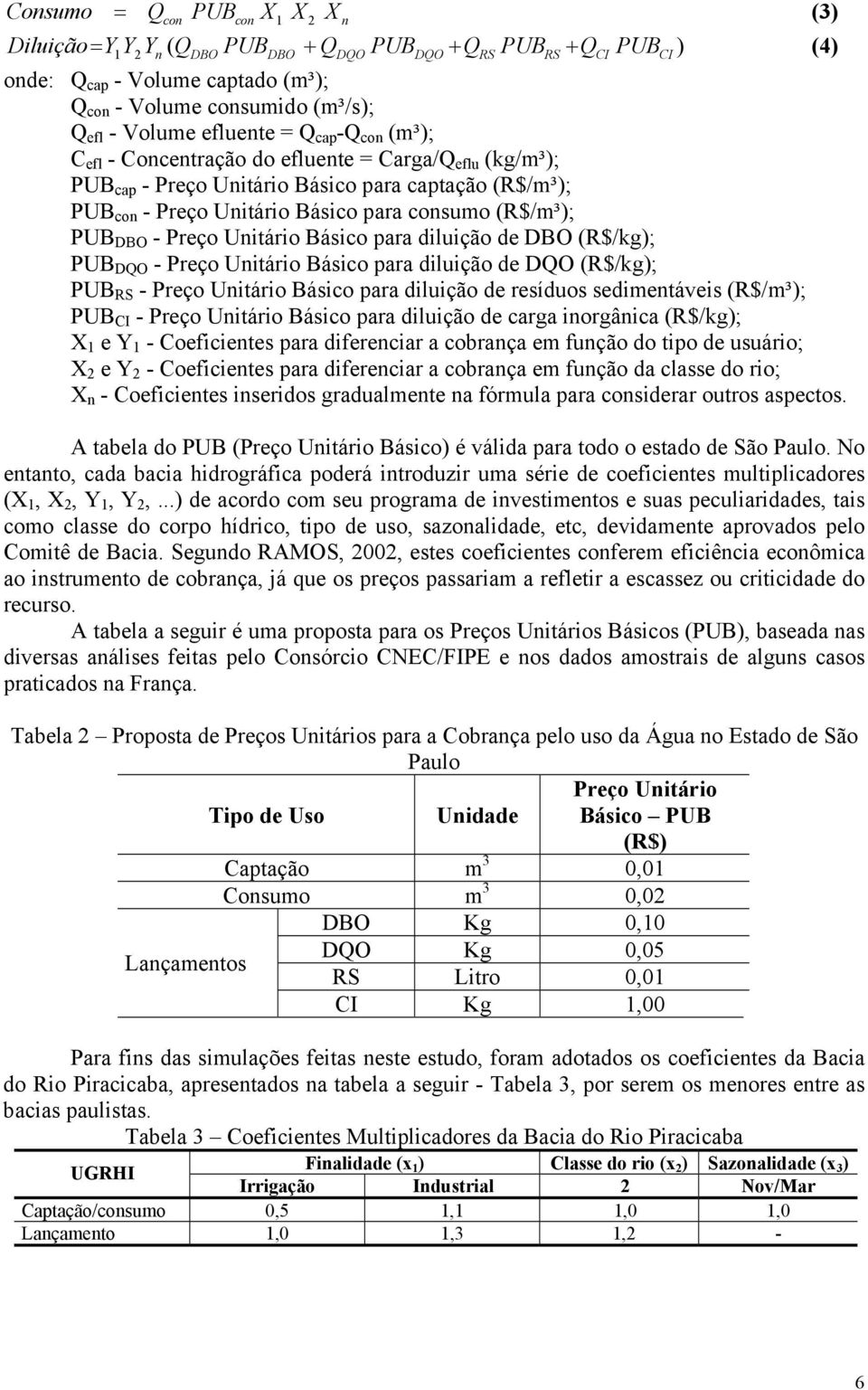 (R$/m³); PUB DBO - Preço Unitário Básico para diluição de DBO (R$/kg); PUB DQO - Preço Unitário Básico para diluição de DQO (R$/kg); PUB RS - Preço Unitário Básico para diluição de resíduos