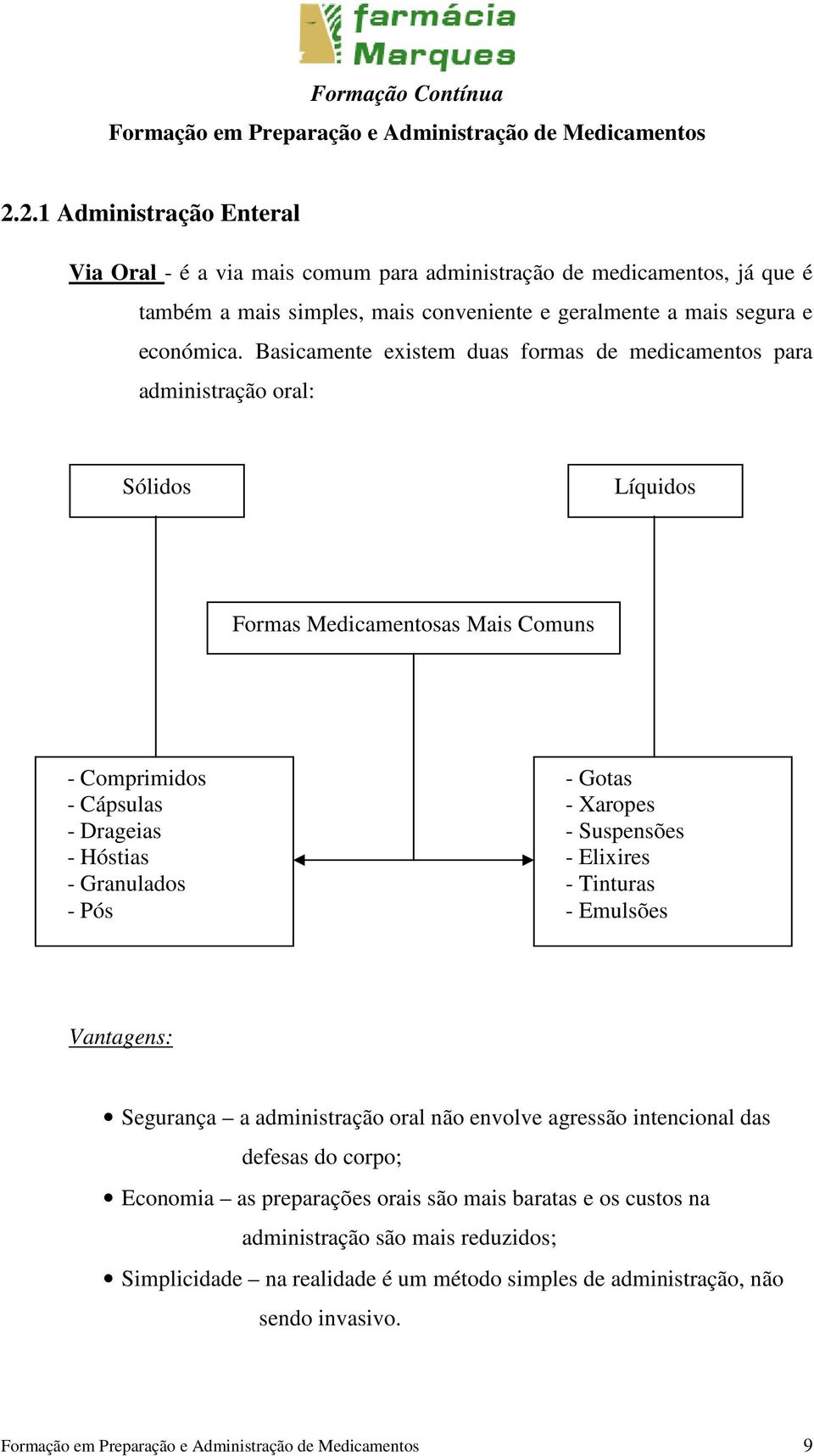 Basicamente existem duas formas de medicamentos para administração oral: Sólidos Líquidos Formas Medicamentosas Mais Comuns - Comprimidos - Cápsulas - Drageias - Hóstias -