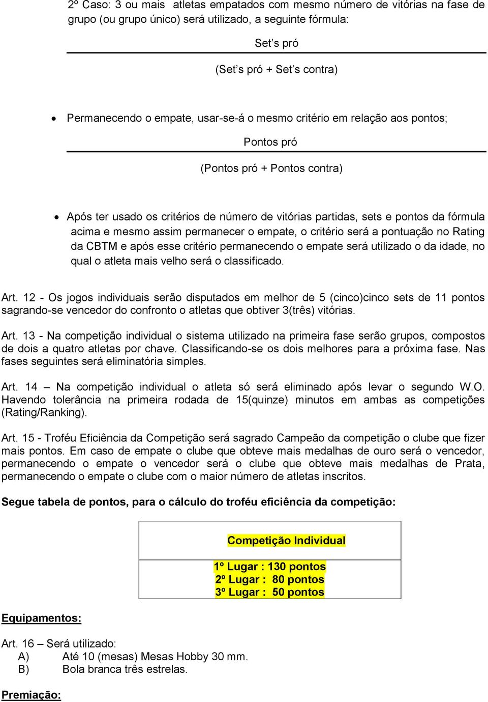 permanecer o empate, o critério será a pontuação no Rating da CBTM e após esse critério permanecendo o empate será utilizado o da idade, no qual o atleta mais velho será o classificado. Art.