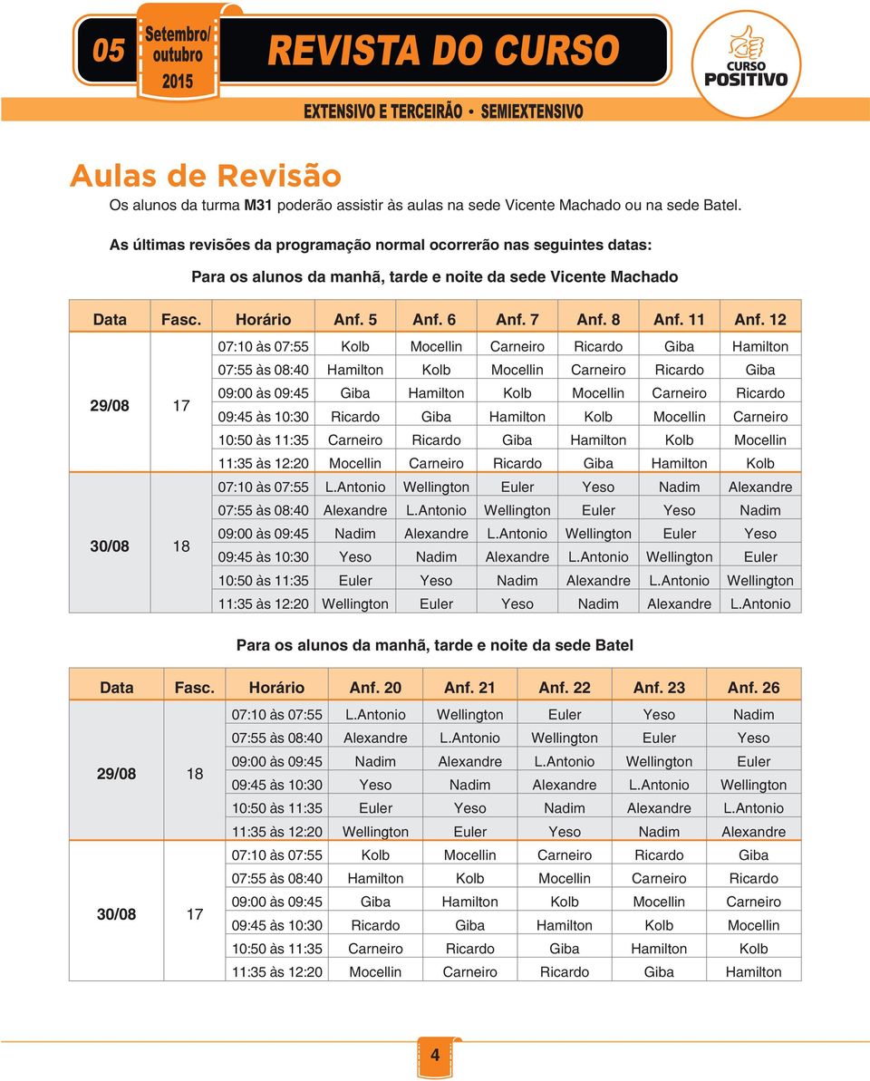 12 29/08 17 30/08 18 07:10 às 07:55 Kolb Mocellin Carneiro Ricardo Giba Hamilton 07:55 às 08:40 Hamilton Kolb Mocellin Carneiro Ricardo Giba 09:00 às 09:45 Giba Hamilton Kolb Mocellin Carneiro