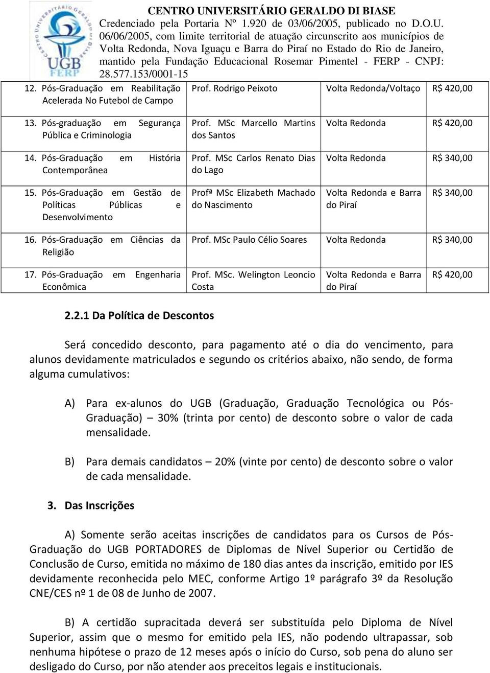 Pós-Graduação em Gestão de Políticas Públicas e Desenvolvimento Profª MSc Elizabeth Machado do Nascimento Volta Redonda e Barra do Piraí R$ 340,00 16. Pós-Graduação em Ciências da Religião Prof.