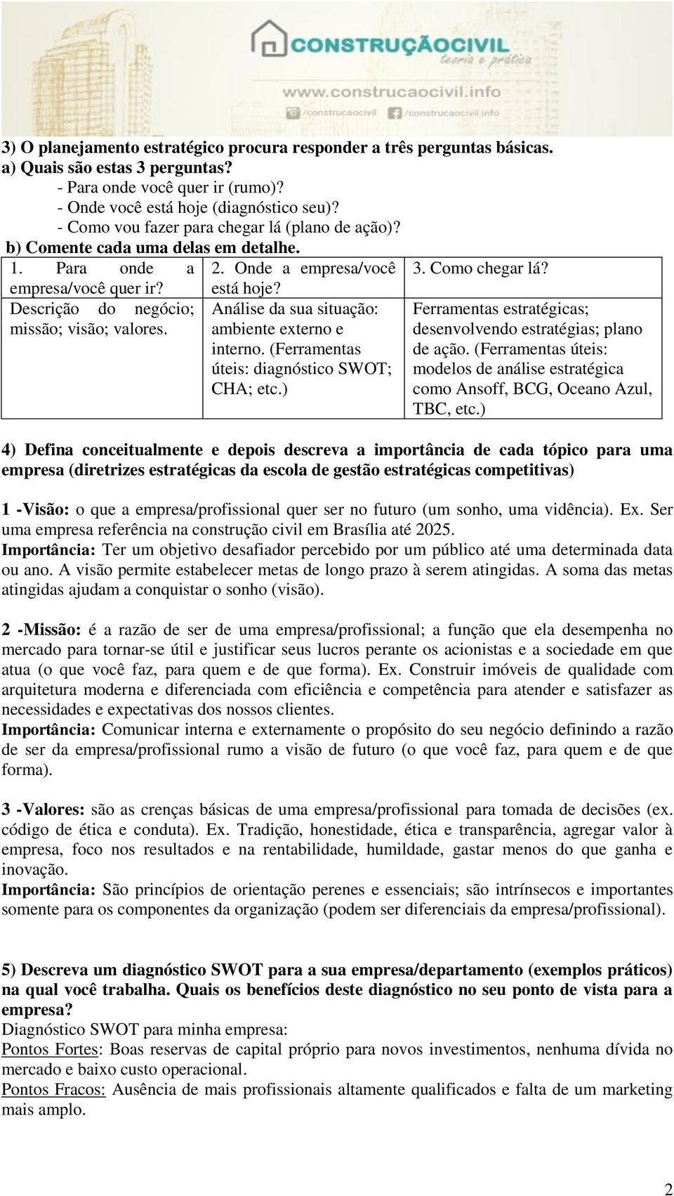 Descrição do negócio; missão; visão; valores. está hoje? Análise da sua situação: ambiente externo e interno. (Ferramentas úteis: diagnóstico SWOT; CHA; etc.