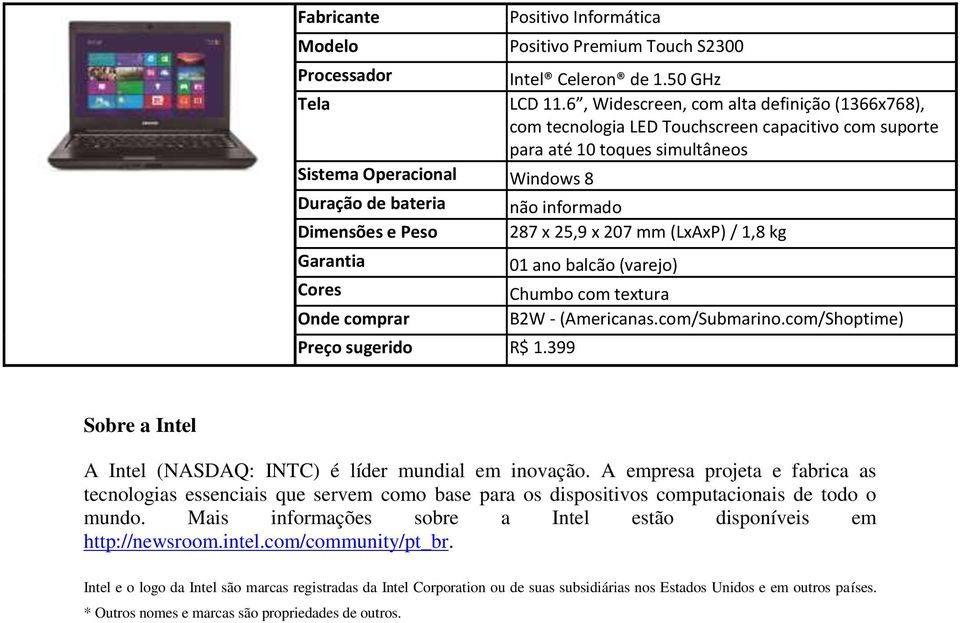 1.399 01 ano balcão (varejo) Chumbo com textura B2W - (Americanas.com/Submarino.com/Shoptime) Sobre a Intel A Intel (NASDAQ: INTC) é líder mundial em inovação.