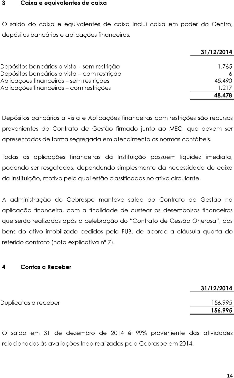 478 Depósitos bancários a vista e Aplicações financeiras com restrições são recursos provenientes do Contrato de Gestão firmado junto ao MEC, que devem ser apresentados de forma segregada em