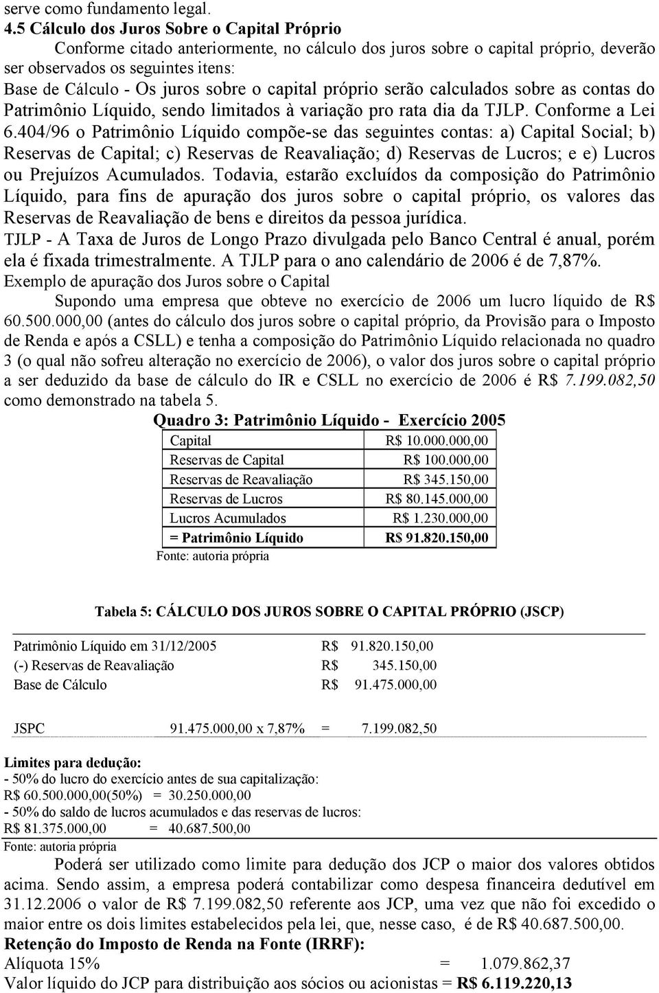 capital próprio serão calculados sobre as contas do Patrimônio Líquido, sendo limitados à variação pro rata dia da TJLP. Conforme a Lei 6.