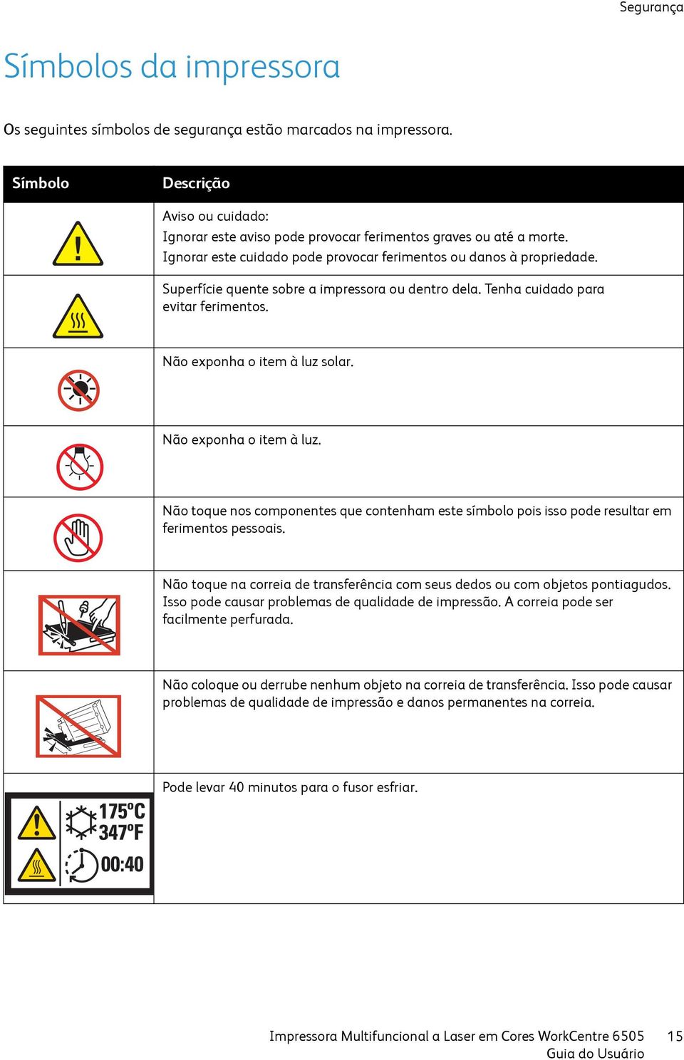 Não exponha o item à luz. Não toque nos componentes que contenham este símbolo pois isso pode resultar em ferimentos pessoais.