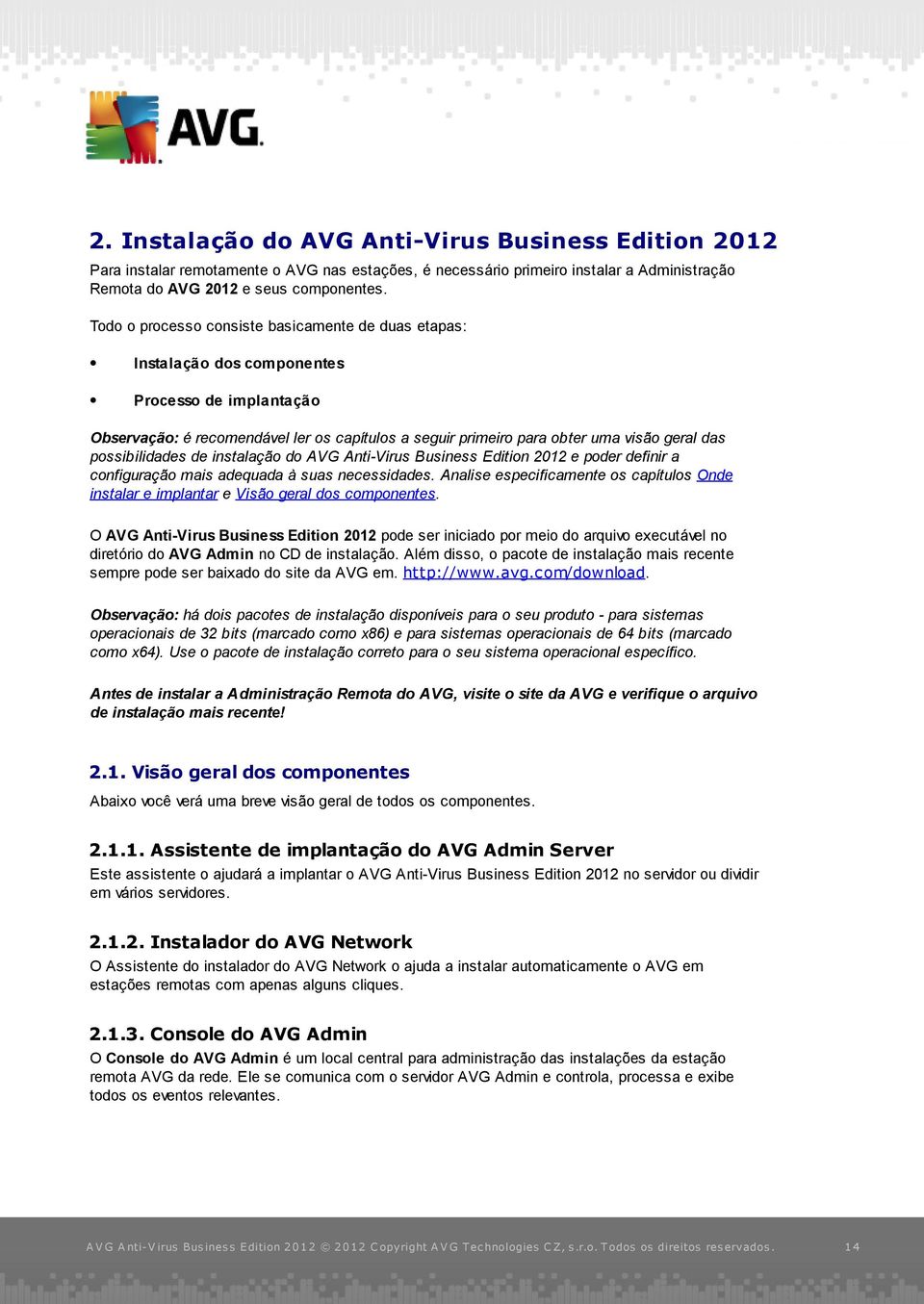 possibilidades de instalação do AVG Anti-Virus Business Edition 2012 e poder definir a configuração mais adequada à suas necessidades.