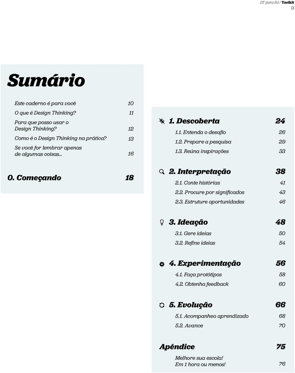 Começando 18 2. Interpretação 38 2.1. Conte histórias 41 2.2. Procure por significados 43 2.3. Estruture oportunidades 46 3. Ideação 48 3.1. Gere ideias 50 3.2. Refine ideias 54 4.