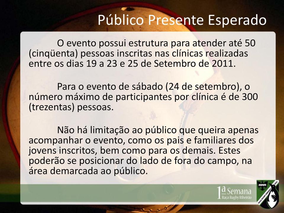 Para o evento de sábado (24 de setembro), o número máximo de participantes por clínica é de 300 (trezentas) pessoas.