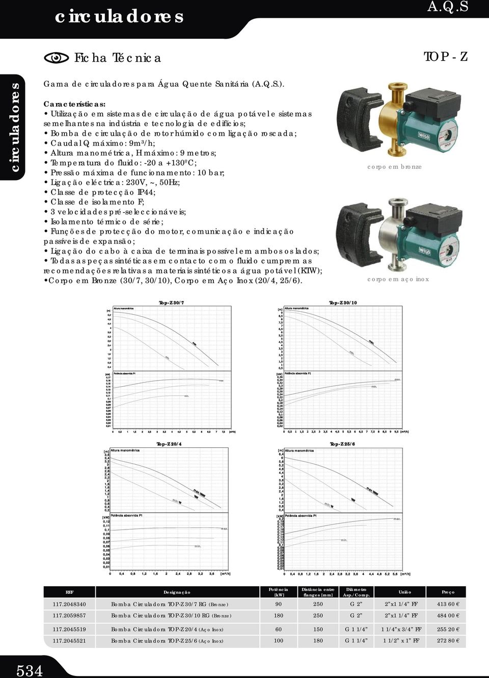 Altura manométrica, H máximo: 9 metros; Temperatura do fluido: -0 a +10ºC; Pressão máxima de funcionamento: 10 bar; Ligação eléctrica: 0V, ~, 50Hz; Classe de protecção IP44; Classe de isolamento F;