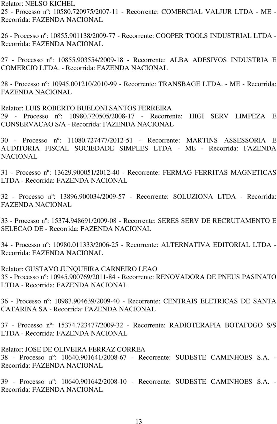 001210/2010-99 - Recorrente: TRANSBAGE LTDA. - ME - Recorrida: Relator: LUIS ROBERTO BUELONI SANTOS FERREIRA 29 - Processo nº: 10980.