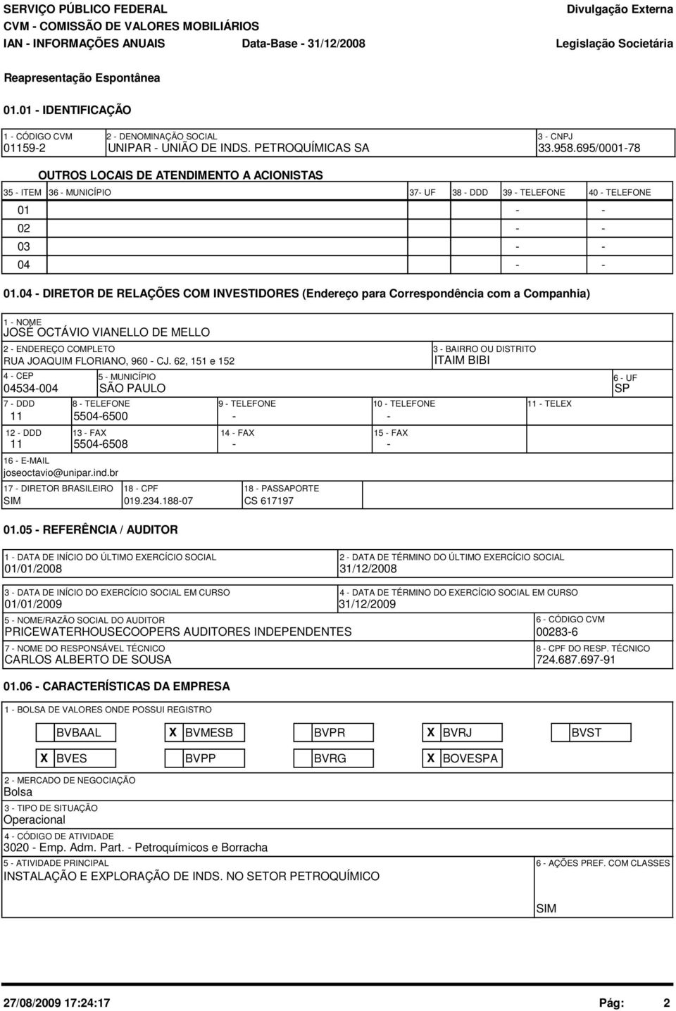 04 - - 01.04 - DIRETOR DE RELAÇÕES COM INVESTIDORES (Endereço para Correspondência com a Companhia) 1 - NOME JOSÉ OCTÁVIO VIANELLO DE MELLO 2 - ENDEREÇO COMPLETO RUA JOAQUIM FLORIANO, 960 - CJ.