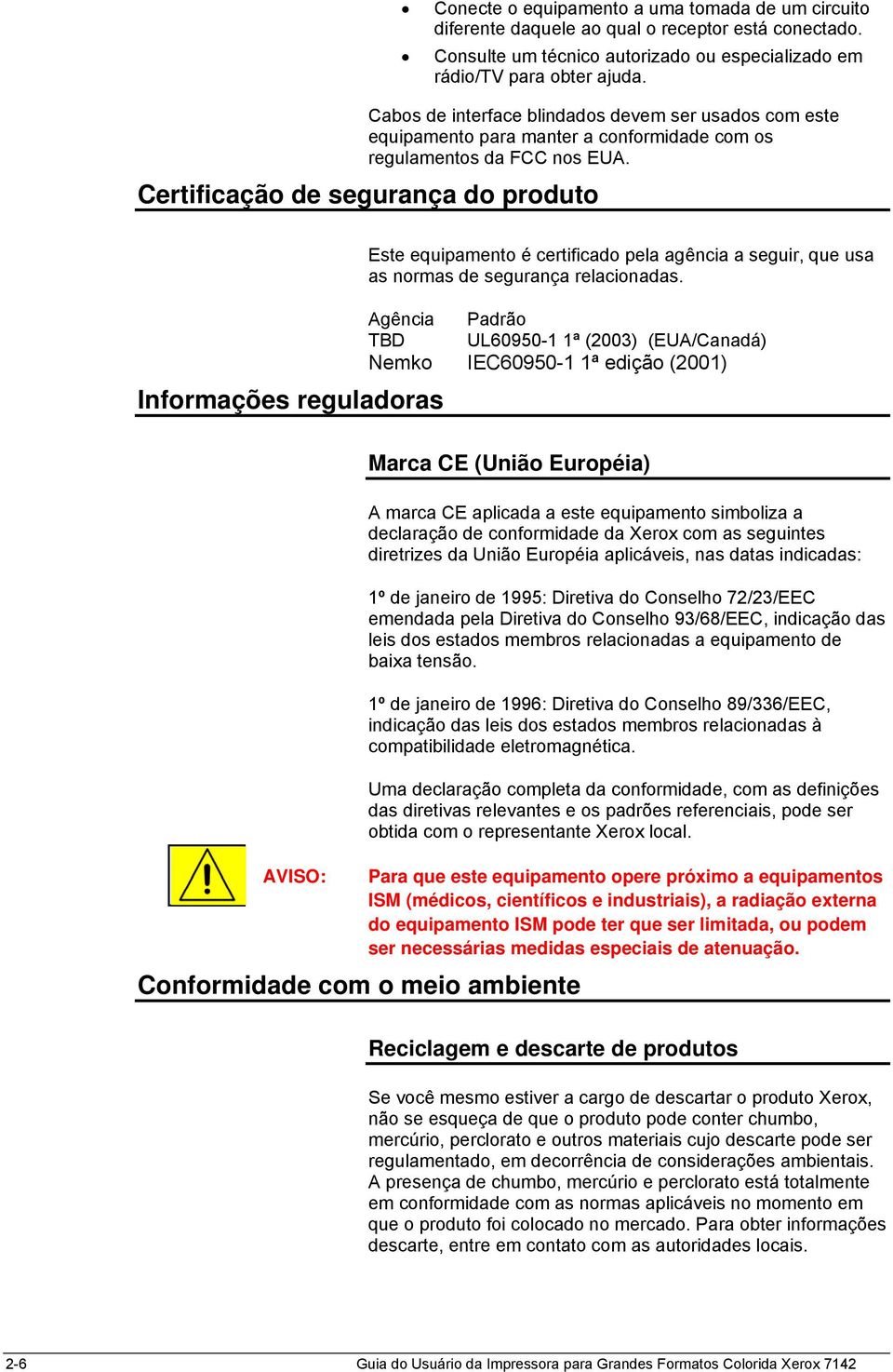 Certificação de segurança do produto Informações reguladoras Este equipamento é certificado pela agência a seguir, que usa as normas de segurança relacionadas.