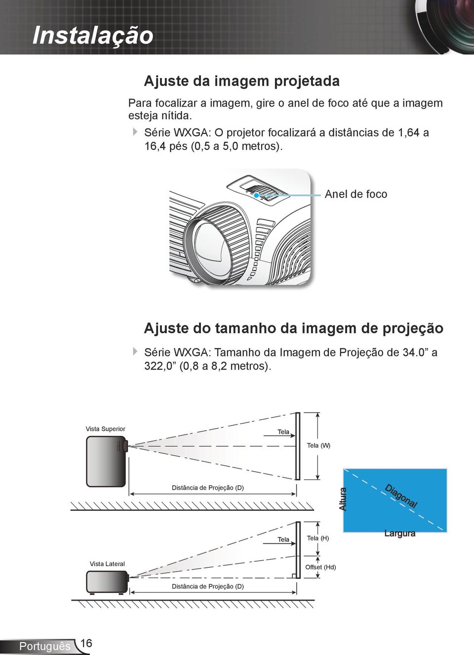 Anel de foco Ajuste do tamanho da imagem de projeção Série WXGA: Tamanho da Imagem de Projeção de 34.