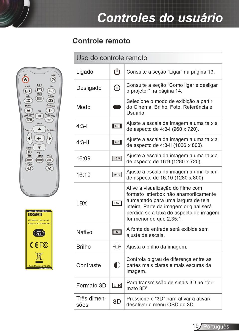 Selecione o modo de exibição a partir do Cinema, Brilho, Foto, Referência e Usuário. Ajuste a escala da imagem a uma ta x a de aspecto de 4:3-I (960 x 720).