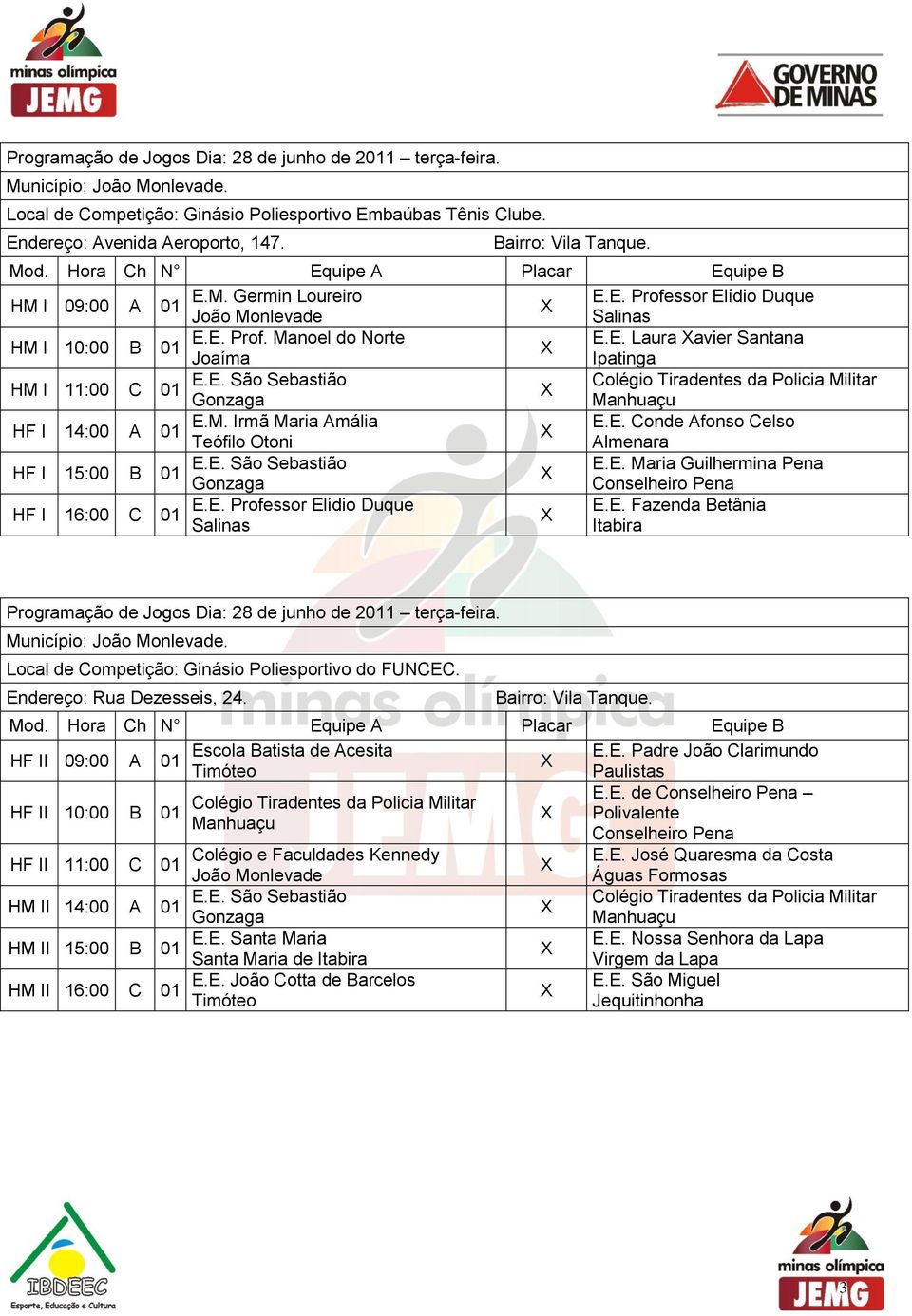 E. São Sebastião E.E. Maria Guilhermina Pena Gonzaga Conselheiro Pena HF I 16:00 C E.E. Professor Elídio Duque E.E. Fazenda Betânia Salinas Programação de Jogos Dia: 28 de junho de 2011 terça-feira.