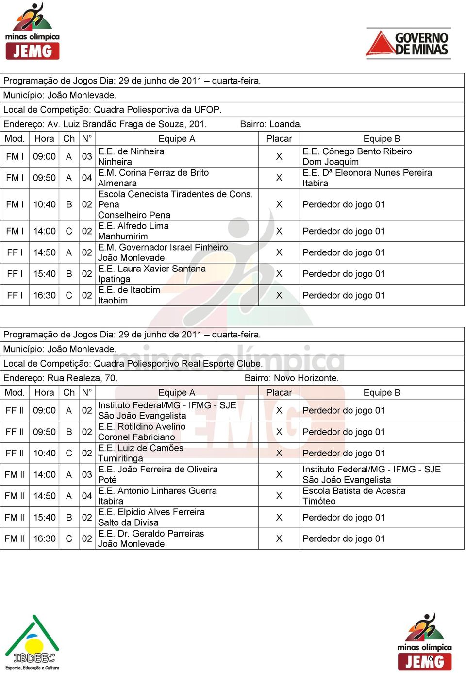 FM I 10:40 B Pena Conselheiro Pena FM I 14:00 C E.E. Alfredo Lima FF I 14:50 A E.M. Governador Israel Pinheiro FF I 15:40 B E.E. Laura avier Santana FF I 16:30 C E.E. de Itaobim Itaobim Programação de Jogos Dia: 29 de junho de 2011 quarta-feira.