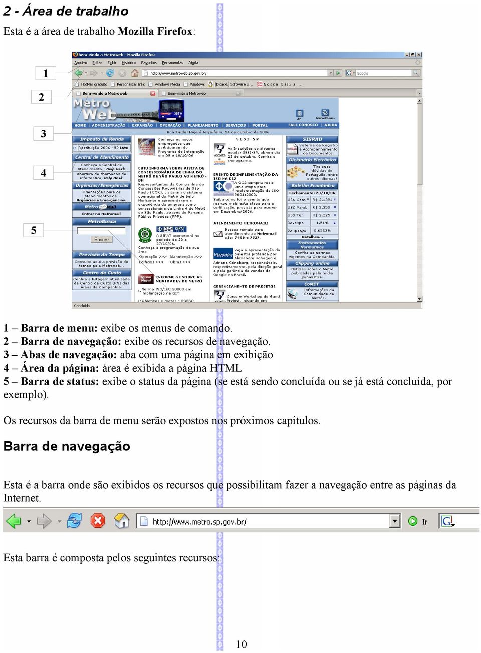 3 Abas de navegação: aba com uma página em exibição 4 Área da página: área é exibida a página HTML 5 Barra de status: exibe o status da página (se está