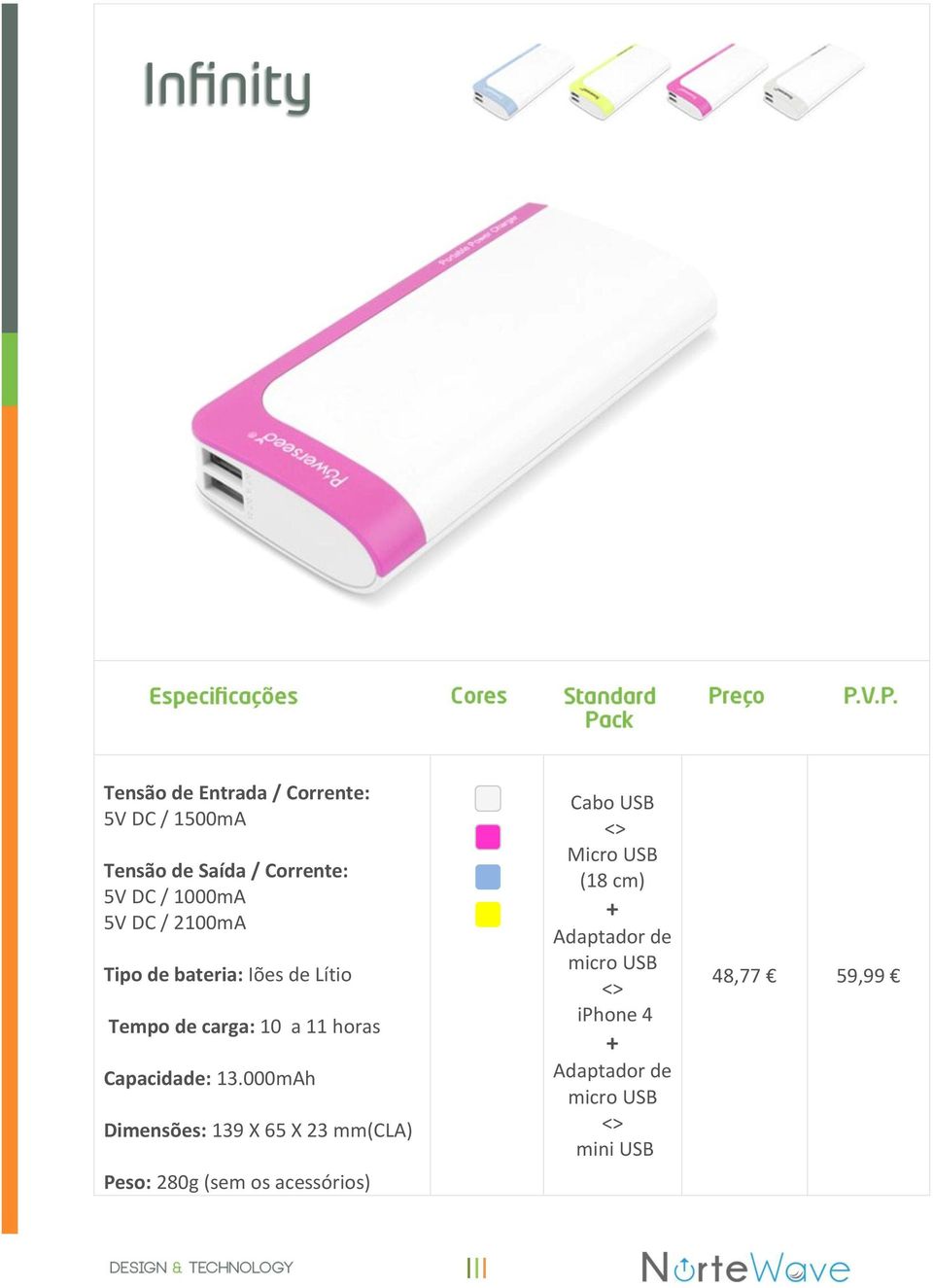 000mAh Dimensões: 139 X 65 X 23 mm(cla) Peso: 280g