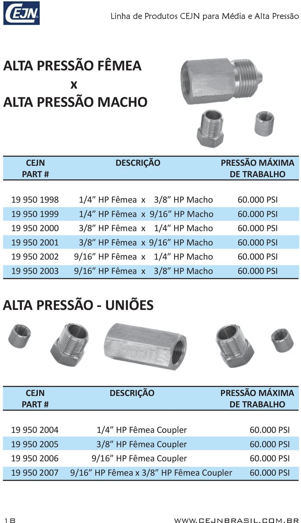 000 PSI 19 950 2002 9/16 HP Fêmea x 1/4 HP Macho 60.000 PSI 19 950 2003 9/16 HP Fêmea x 3/8 HP Macho 60.