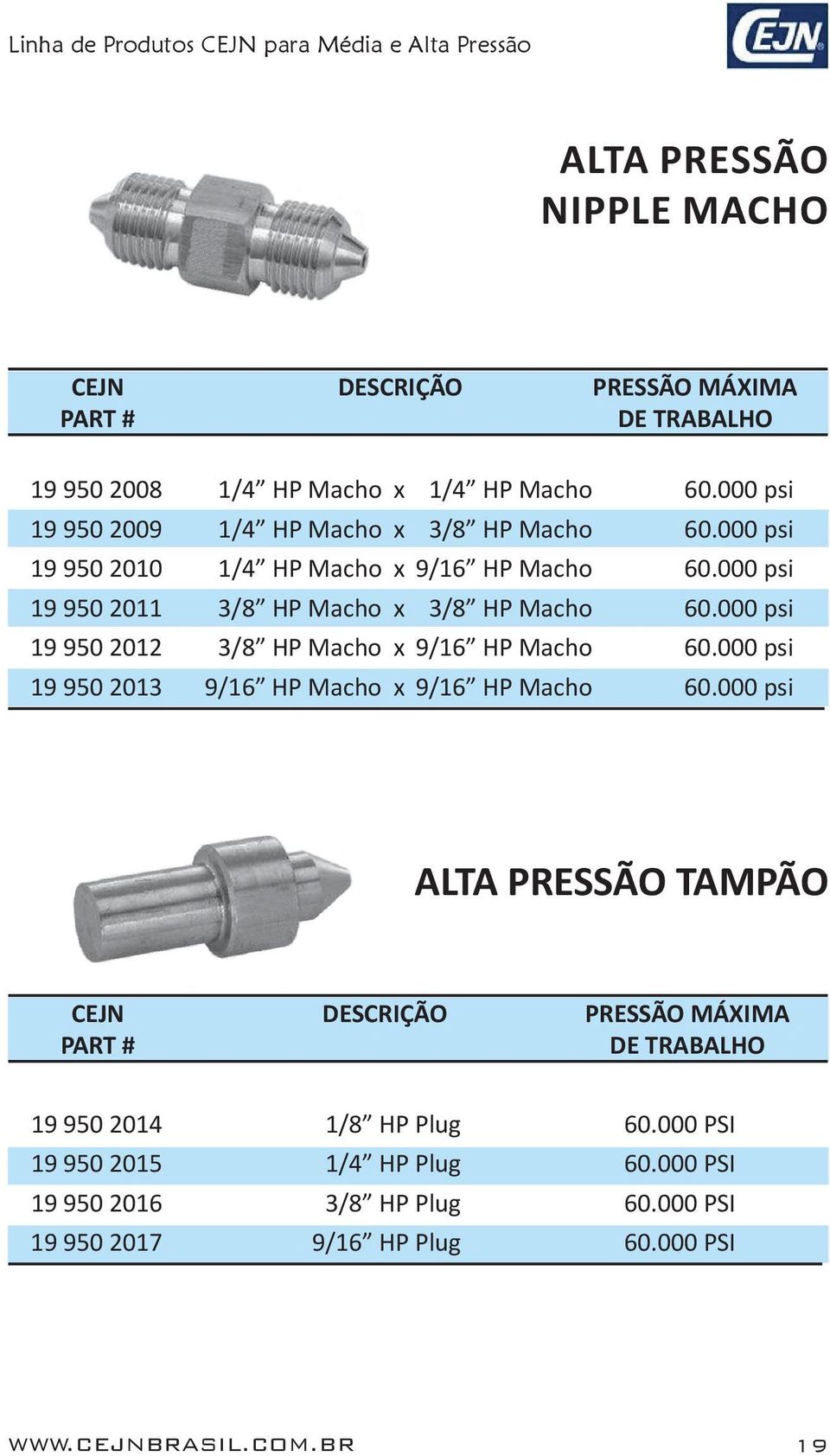 000 psi 19 950 2012 3/8 HP Macho x 9/16 HP Macho 60.000 psi 19 950 2013 9/16 HP Macho x 9/16 HP Macho 60.