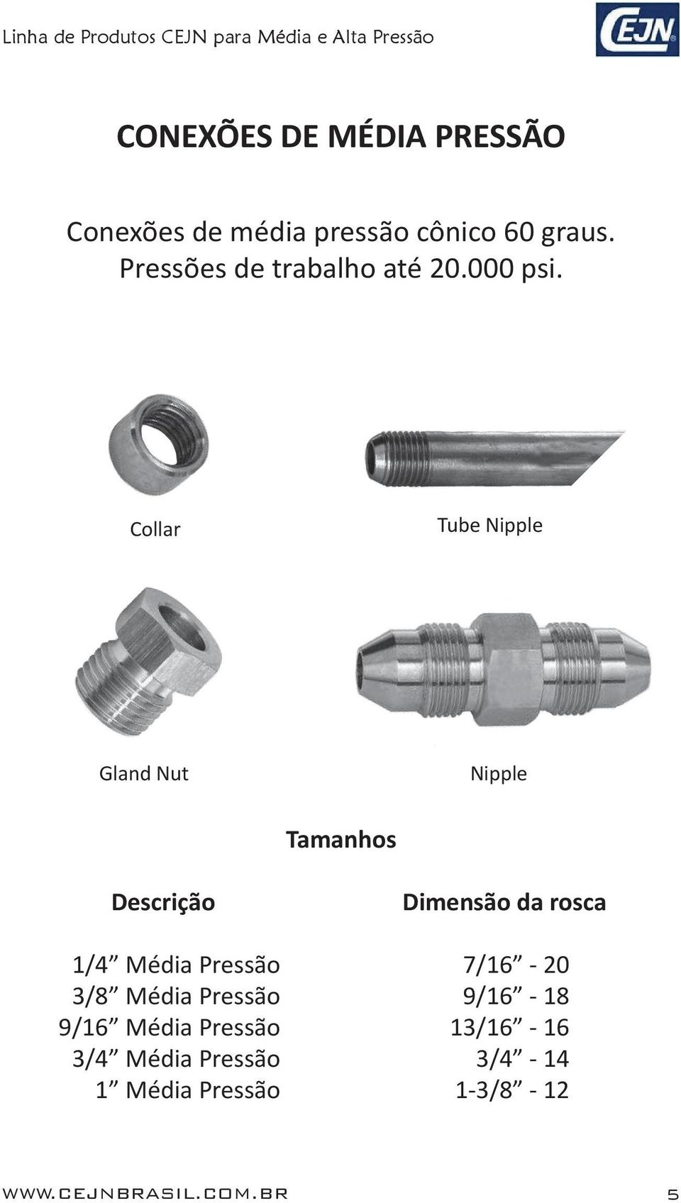 Collar Tube Nipple Gland Nut Nipple Tamanhos Descrição Dimensão da rosca 1/4 Média