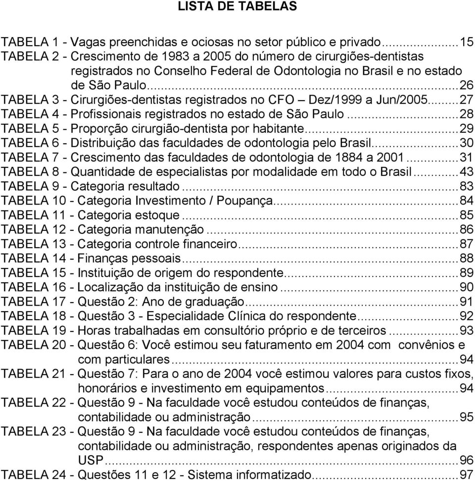 ..26 TABELA 3 - Cirurgiões-dentistas registrados no CFO Dez/1999 a Jun/2005...27 TABELA 4 - Profissionais registrados no estado de São Paulo...28 TABELA 5 - Proporção cirurgião-dentista por habitante.