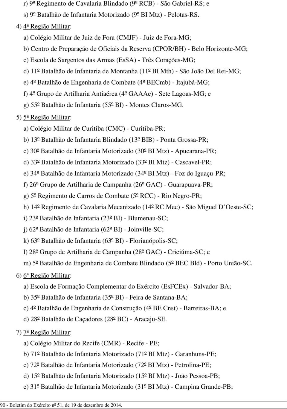 (EsSA) - Três Corações-MG; d) 11º Batalhão de Infantaria de Montanha (11º BI Mth) - São João Del Rei-MG; e) 4º Batalhão de Engenharia de Combate (4º BECmb) - Itajubá-MG; f) 4º Grupo de Artilharia