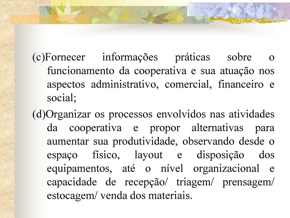 cooperativa e propor alternativas para aumentar sua produtividade, observando desde o espaço físico, layout e