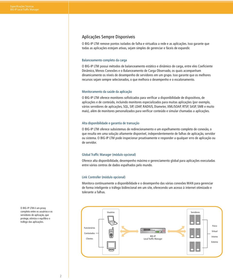 Balanceamento completo da carga O BIG-IP LTM possui métodos de balanceamento estático e dinâmico de carga, entre eles Coeficiente Dinâmico, Menos Conexões e o Balanceamento de Carga Observado, os