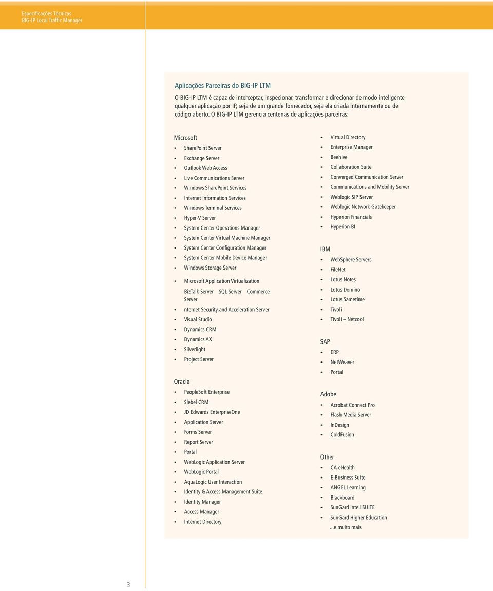 O BIG-IP LTM gerencia centenas de aplicações parceiras: Microsoft Oracle SharePoint Server Exchange Server Outlook Web Access Live Communications Server Windows SharePoint Services Internet