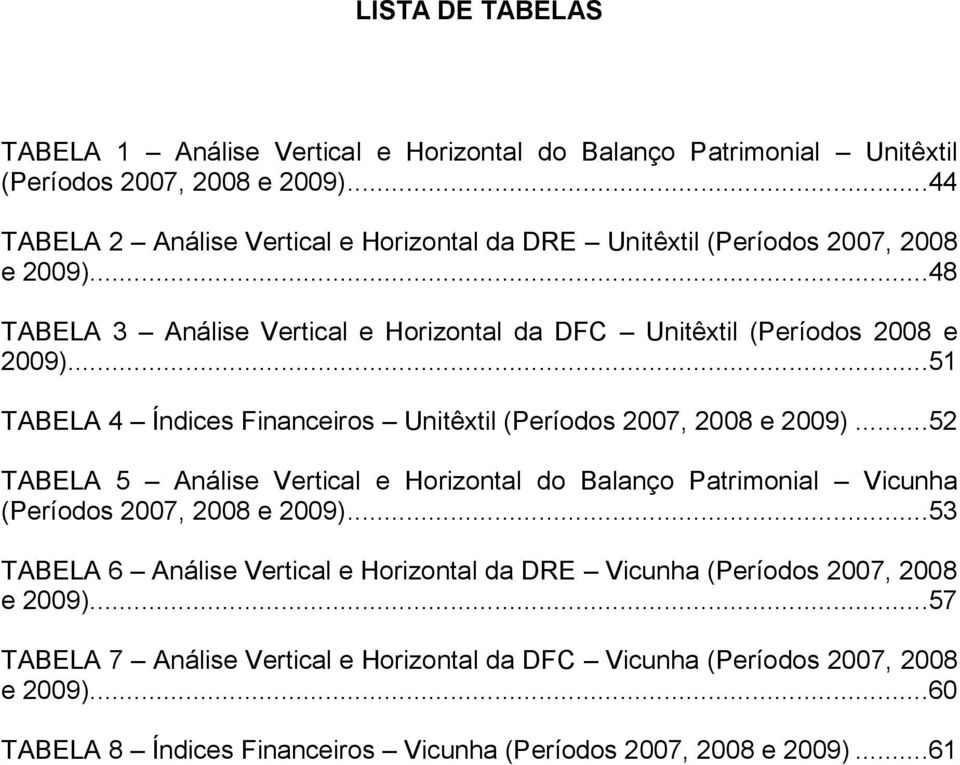 ..51 TABELA 4 Índices Financeiros Unitêxtil (Períodos 2007, 2008 e 2009)...52 TABELA 5 Análise Vertical e Horizontal do Balanço Patrimonial Vicunha (Períodos 2007, 2008 e 2009).
