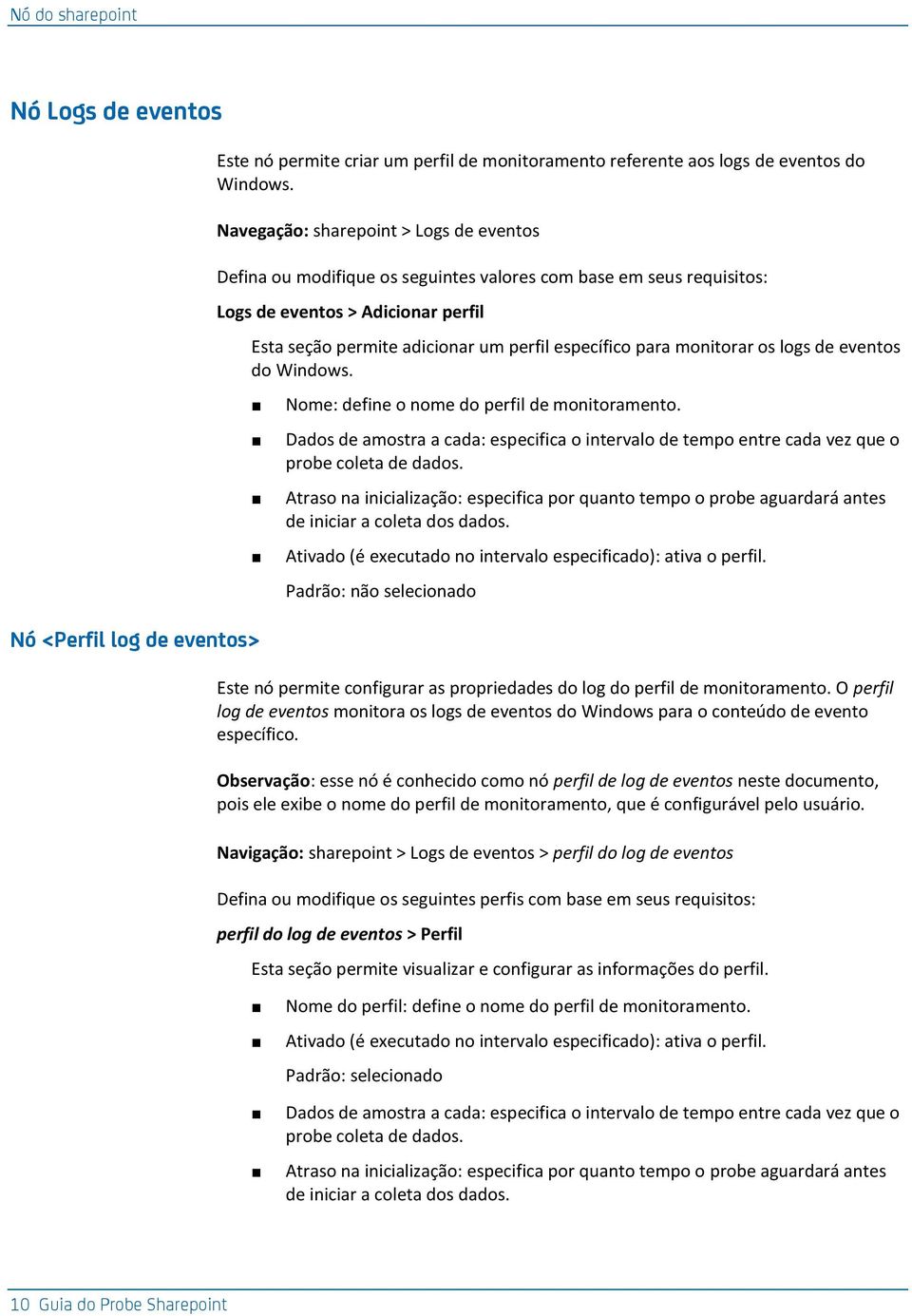 monitorar os logs de eventos do Windows. Nome: define o nome do perfil de monitoramento. Dados de amostra a cada: especifica o intervalo de tempo entre cada vez que o probe coleta de dados.