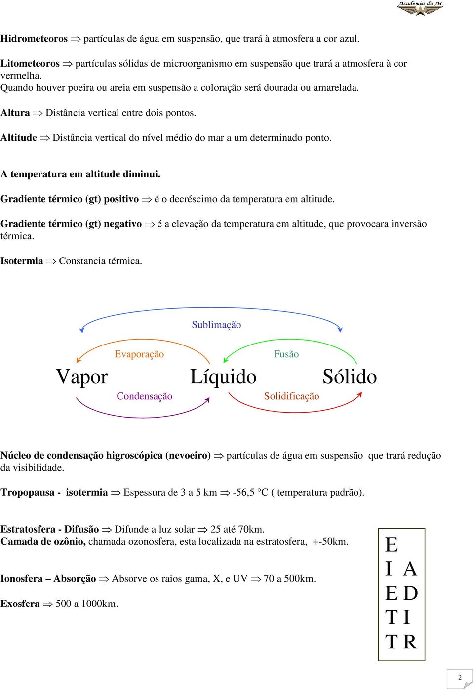 A temperatura em altitude diminui. Gradiente térmico (gt) positivo é o decréscimo da temperatura em altitude.