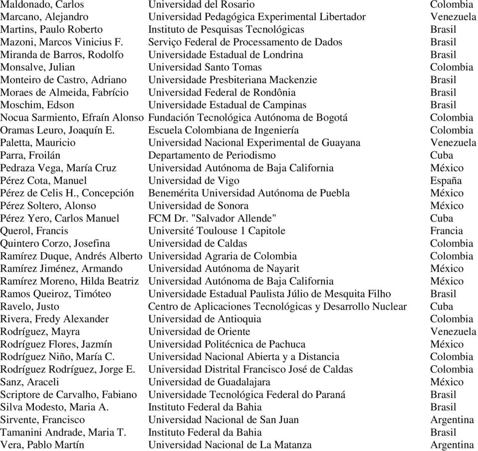 Serviço Federal de Processamento de Dados Brasil Miranda de Barros, Rodolfo Universidade Estadual de Londrina Brasil Monsalve, Julian Universidad Santo Tomas Colombia Monteiro de Castro, Adriano