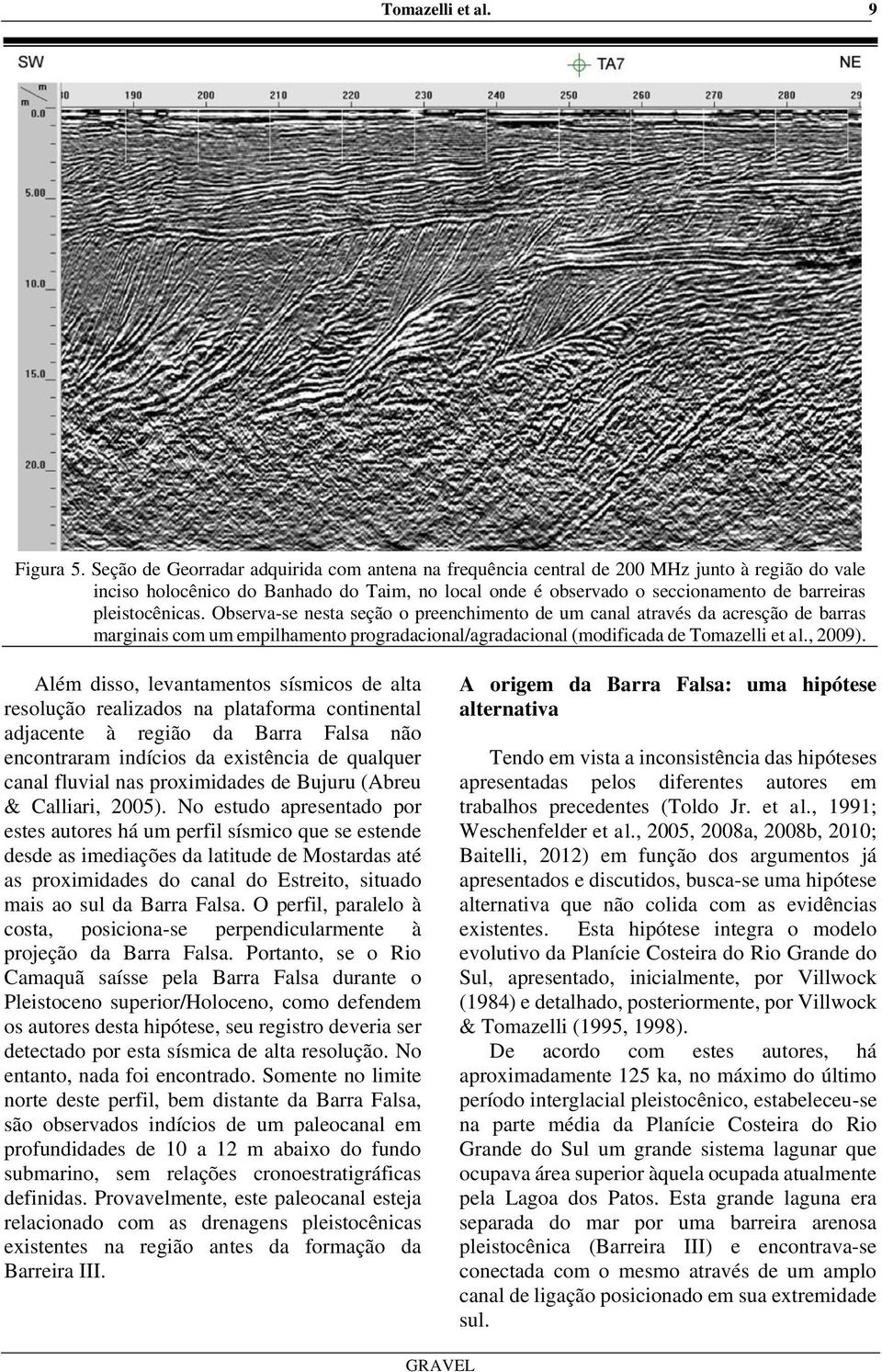 pleistocênicas. Observa-se nesta seção o preenchimento de um canal através da acresção de barras marginais com um empilhamento progradacional/agradacional (modificada de Tomazelli et al., 2009).