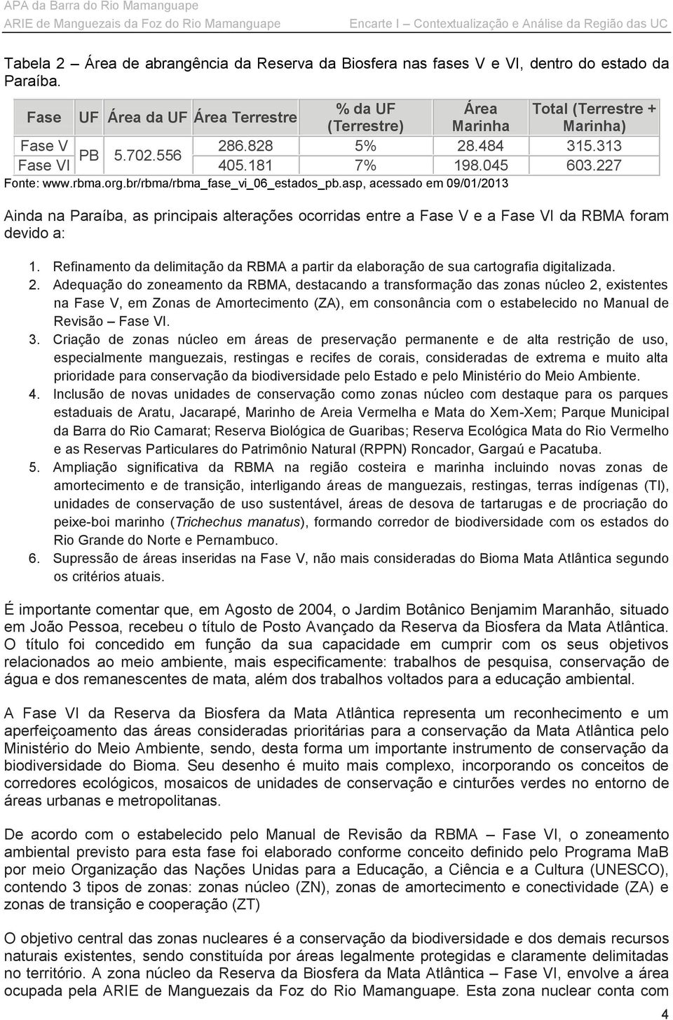 br/rbma/rbma_fase_vi_06_estados_pb.asp, acessado em 09/01/2013 Ainda na Paraíba, as principais alterações ocorridas entre a Fase V e a Fase VI da RBMA foram devido a: 1.