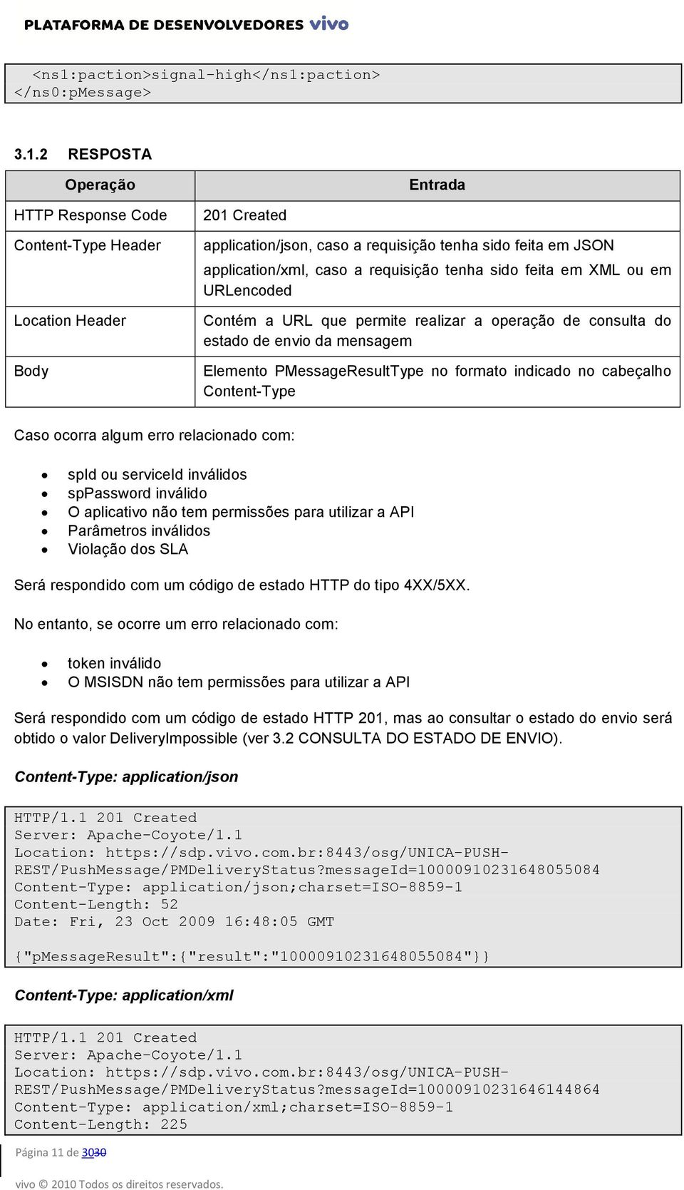 PMessageResultType no formato indicado no cabeçalho Content-Type Caso ocorra algum erro relacionado com: spid ou serviceid inválidos sppassword inválido O aplicativo não tem permissões para utilizar