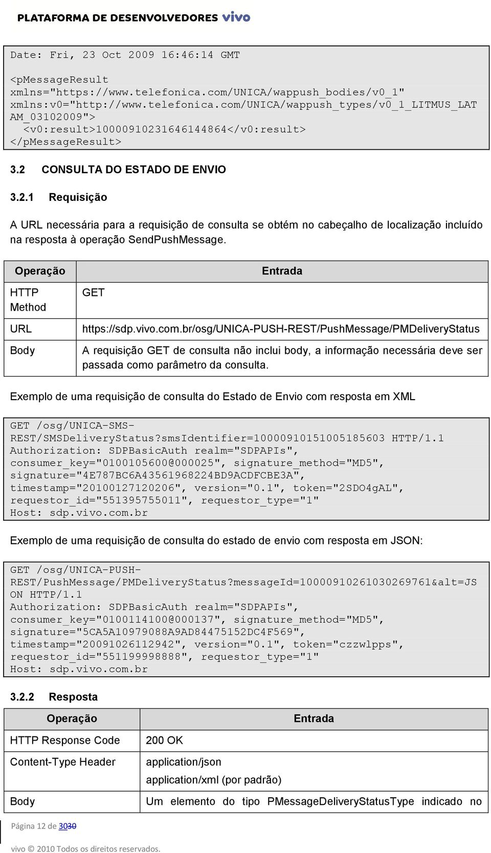 Operação Entrada HTTP Method URL Body GET https://sdp.vivo.com.