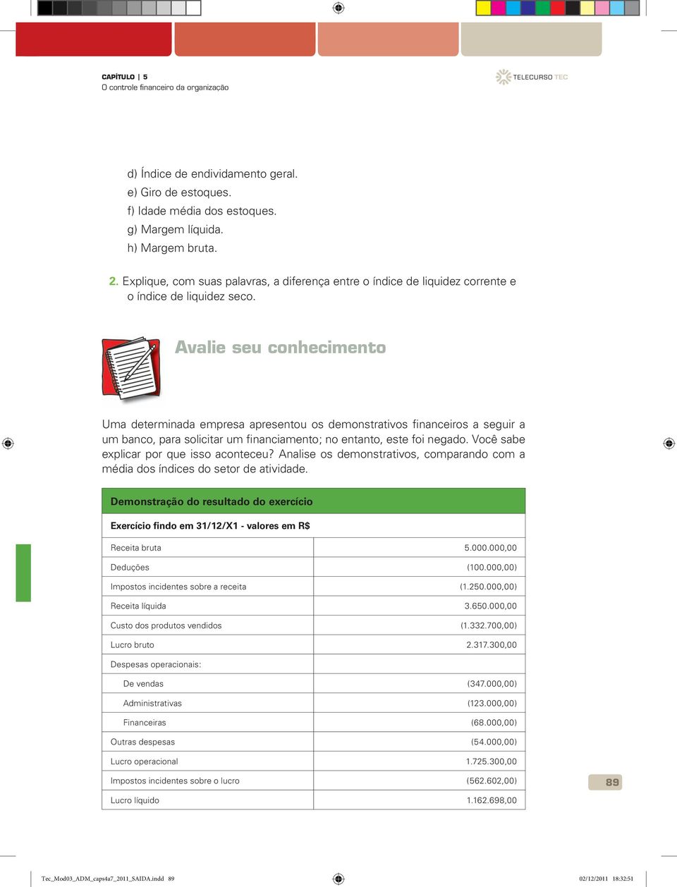 Avalie seu conhecimento Uma determinada empresa apresentou os demonstrativos financeiros a seguir a um banco, para solicitar um financiamento; no entanto, este foi negado.