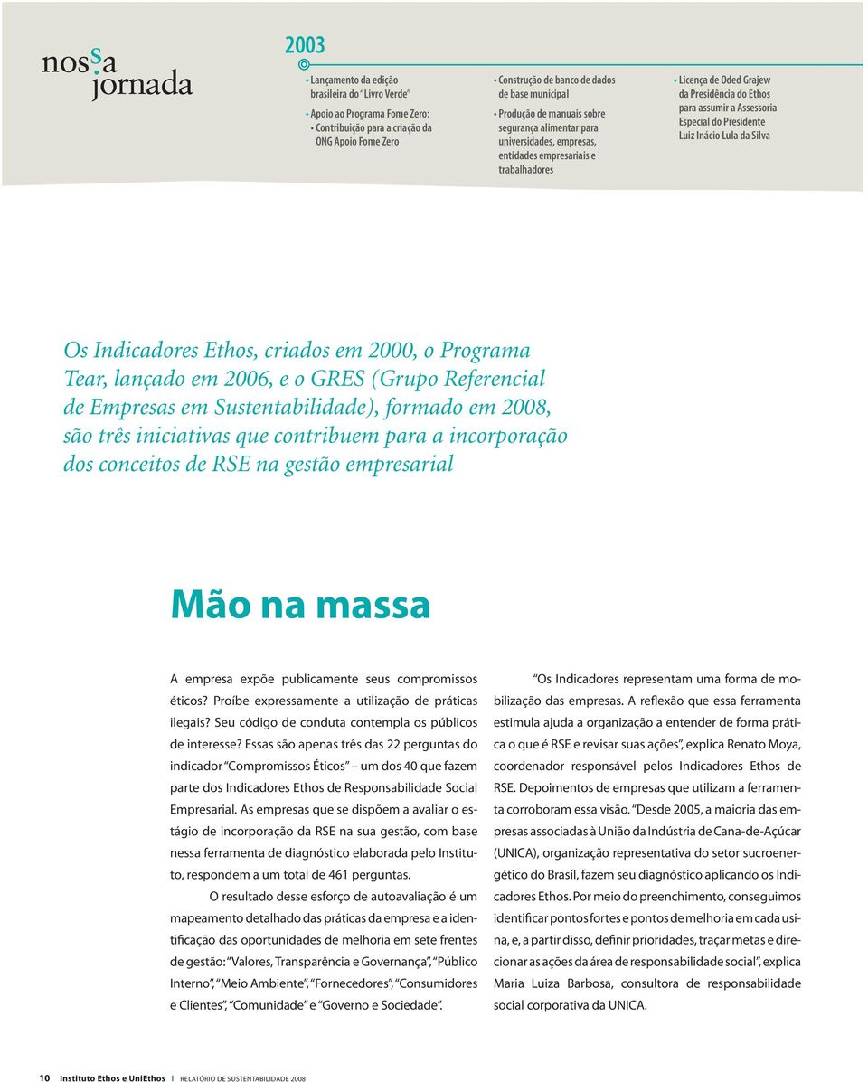 Inácio Lula da Silva Os Indicadores Ethos, criados em 2000, o Programa Tear, lançado em 2006, e o GRES (Grupo Referencial de Empresas em Sustentabilidade), formado em 2008, são três iniciativas que