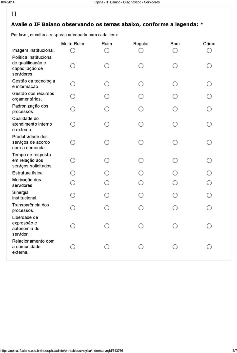 Qualidade do atendimento interno e externo. Produtividade dos serviços de acordo com a demanda. Tempo de resposta em relação aos serviços solicitados. Estrutura física. Motivação dos servidores.