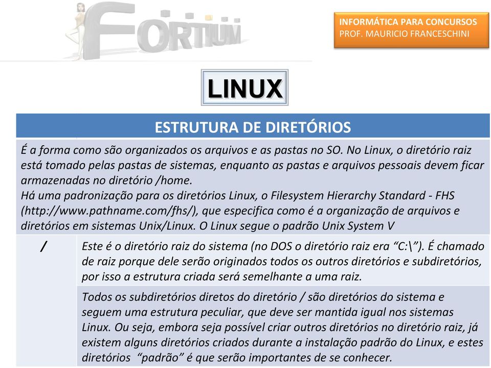 Há uma padronização para os diretórios Linux, o Filesystem Hierarchy Standard - FHS (http://www.pathname.com/fhs/), que especifica como é a organização de arquivos e diretórios em sistemas Unix/Linux.