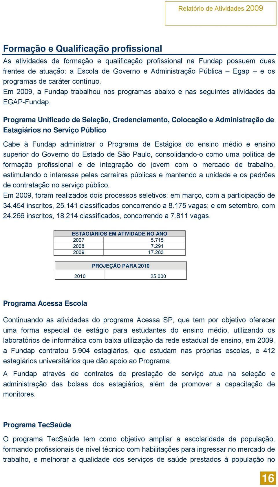 Programa Unificado de Seleção, Credenciamento, Colocação e Administração de Estagiários no Serviço Público Cabe à Fundap administrar o Programa de Estágios do ensino médio e ensino superior do